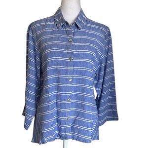 Habitat Top Shirt Women’s Medium Blue Linen Striped Button Beachy Preppy Coastal
